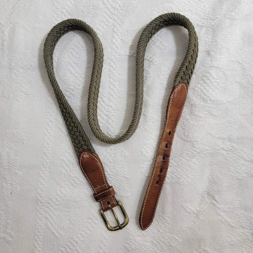 VTG L.L. Bean Braided Cotton Webbing Leather Belt Olive Green 36 SEE MEASUREMENT